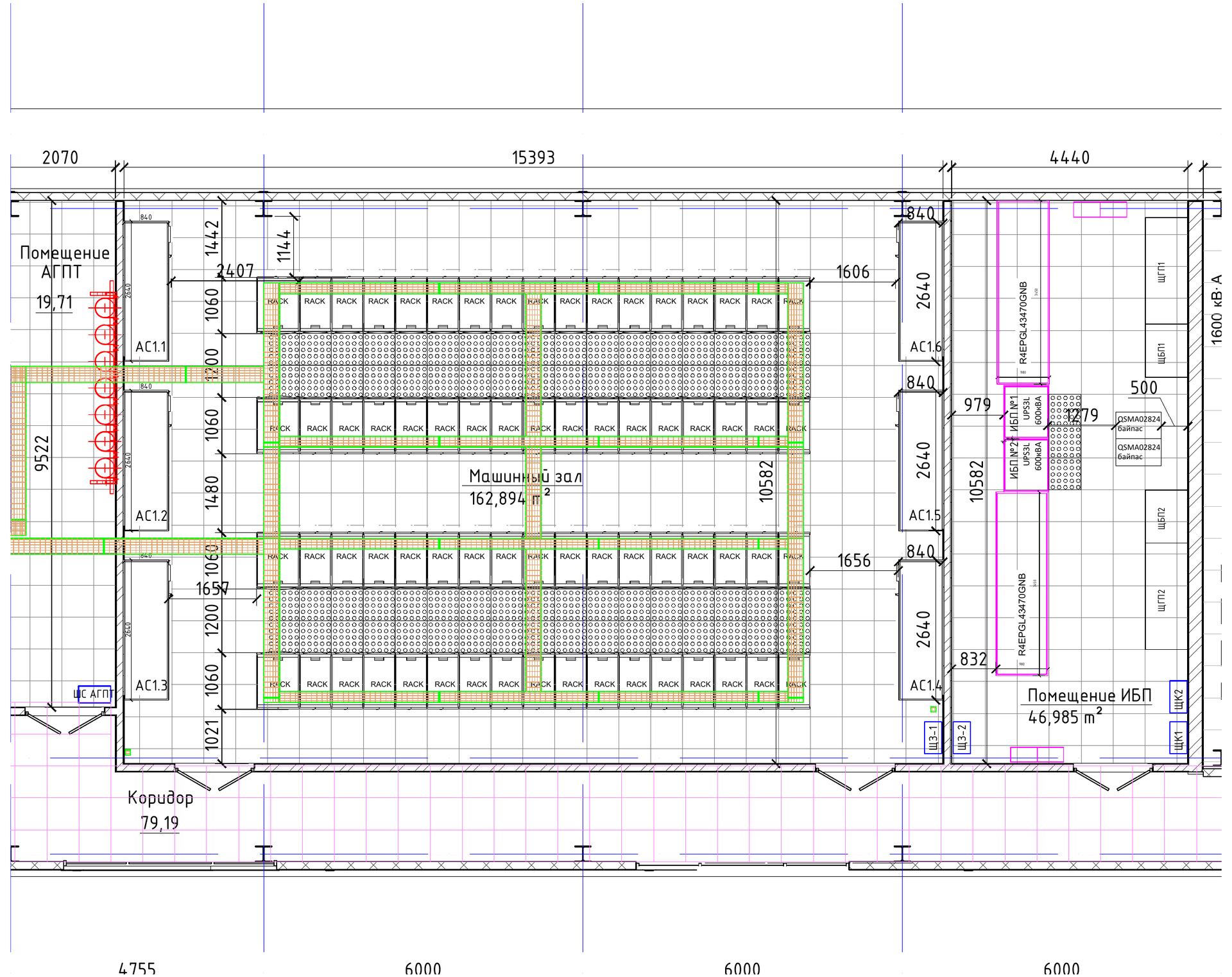 План машинного зала и помещения ИБП ЦОД Казтелепорт, Нур-Султан
